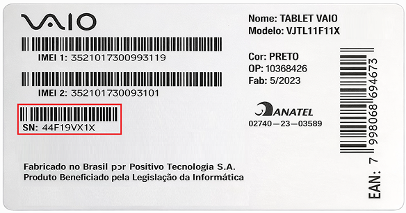 Etiqueta de identificação na caixa do tablet