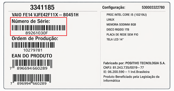 Etiqueta de identificação na caixa do produto