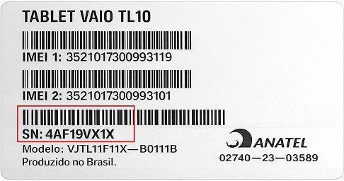 Etiqueta com número de série na parte traseira do tablet