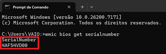 Prompt de Comando - Comando wmic bios get serialnumber